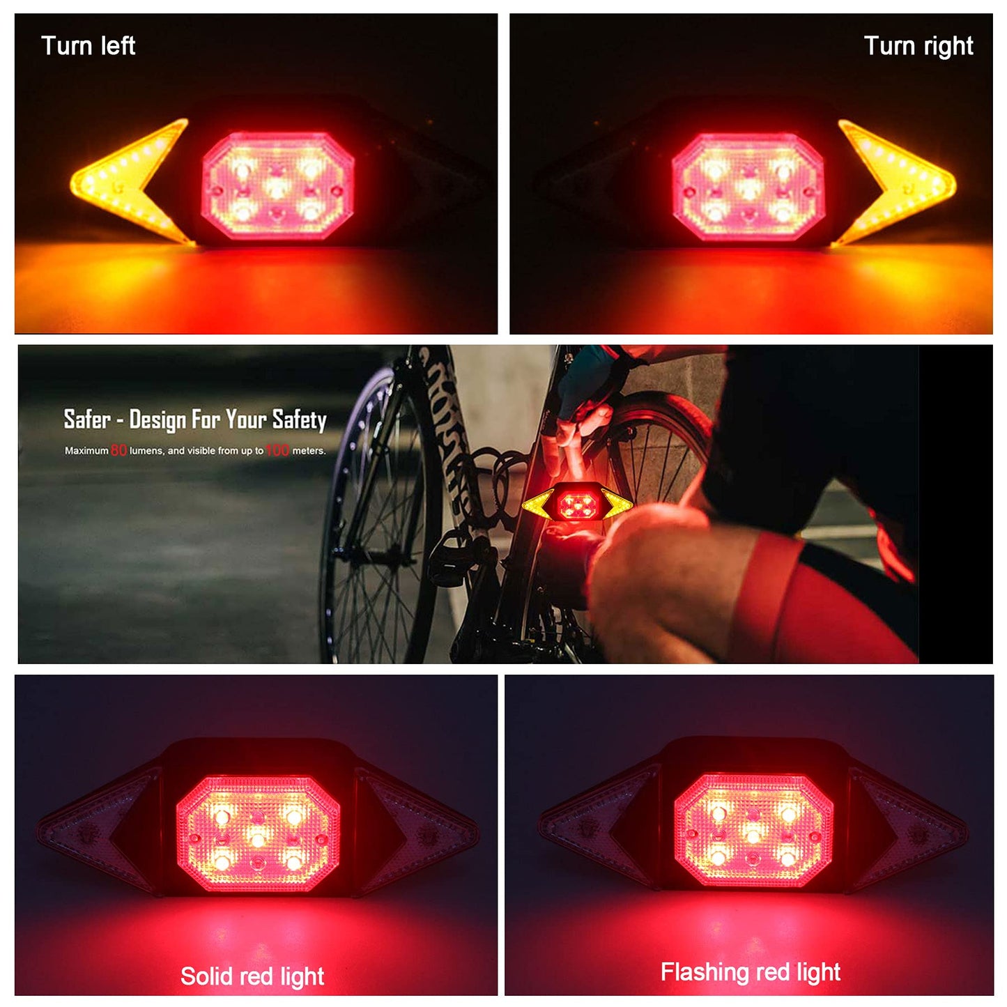 VASTFIRE Rechargeable Rear Bicycle Light - Waterproof Turn Signals, Brightest Indicators for Handlebars & Saddles, Model LTB-QX10C389