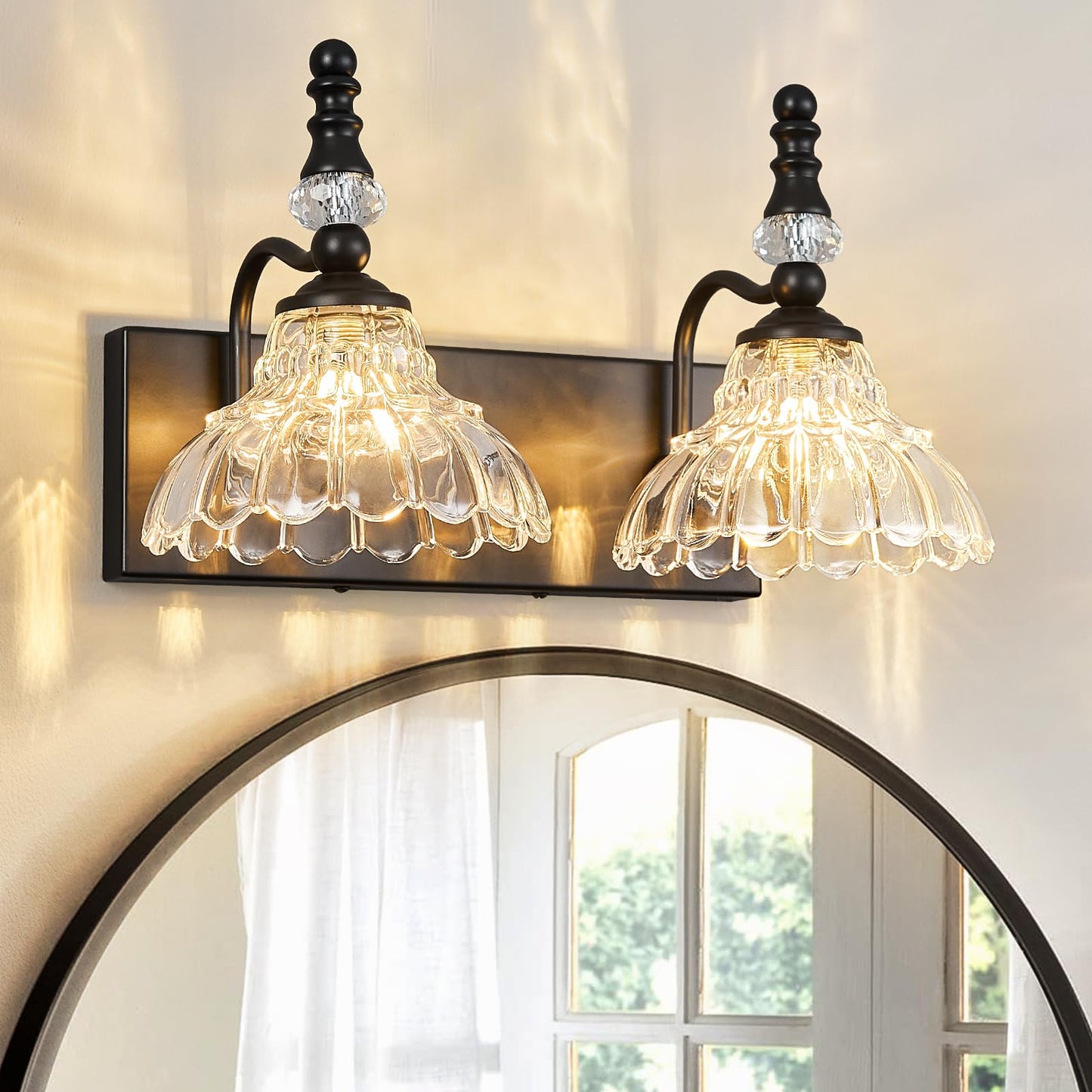 Lbsqj Vintage Bathroom Vanity Light  2-Light Black Vanity Lighting Fixture With Flower Glass Shade  Bathroom Lighting Fixtures Over Mirror