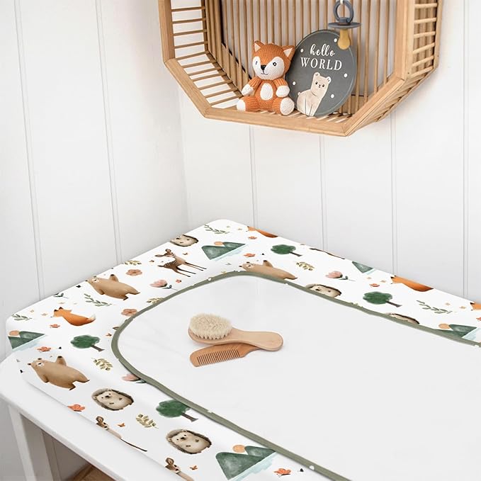 HawSkgFub Boho Animals Changing Pad Cover for Baby Girls Boys, Natural Forest Bear Deer Fox Diaper Change Table Covers, Soft Stretchy Safe Snug Fitted Changing Mat Sheets Fit 32"/34" x 16"