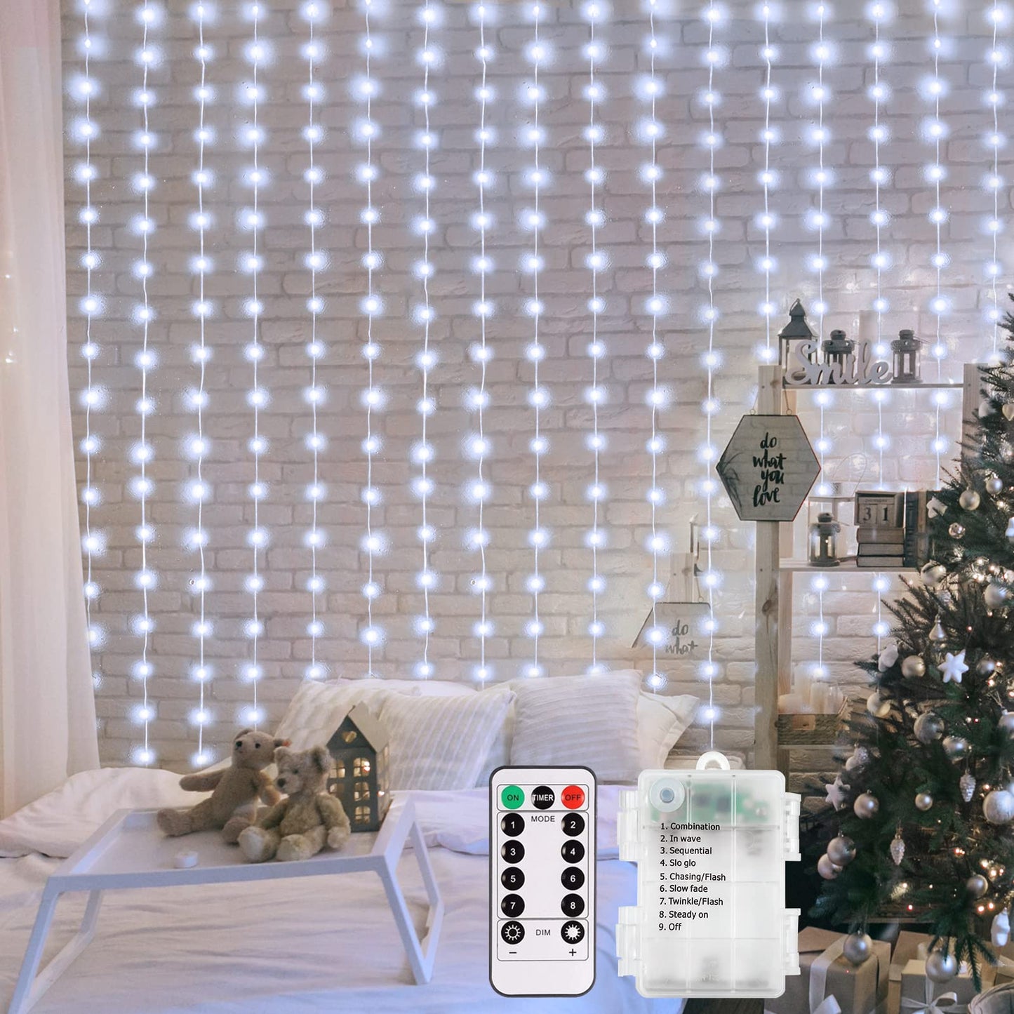 echosari Battery Operated Curtain String Lights, 200 LED, 6.6ft, Waterproof, 8 Modes, Cool White