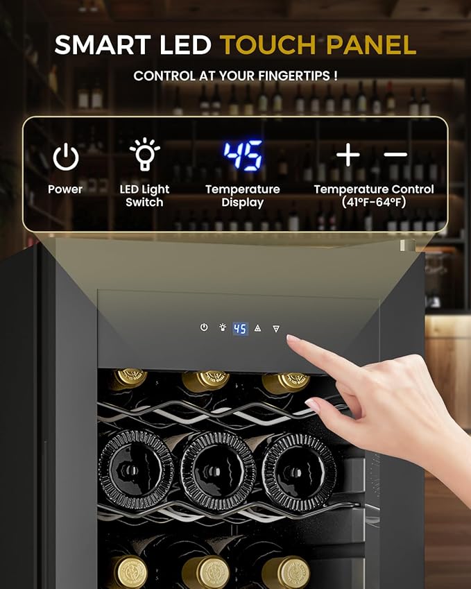 18 Bottle Compressor Wine Cooler Refrigerator - 1.58 Cu.Ft Freestanding Wine Cellar for Red, White, Champagne, Small Wine Fridge with Glass Door & Adjustable Temperature for Home Bar, Office
