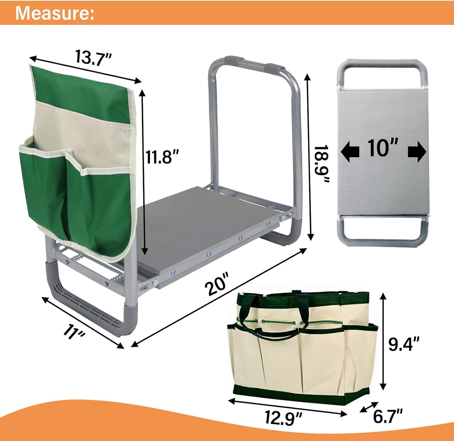 BDL Garden Kneeler Seat Foldable Durable Garden Stool with Tool Bag Pouch and Garden Gloves 330lb Capacity-Protects Your Knees, Clothes from Dirt & Grass Stains