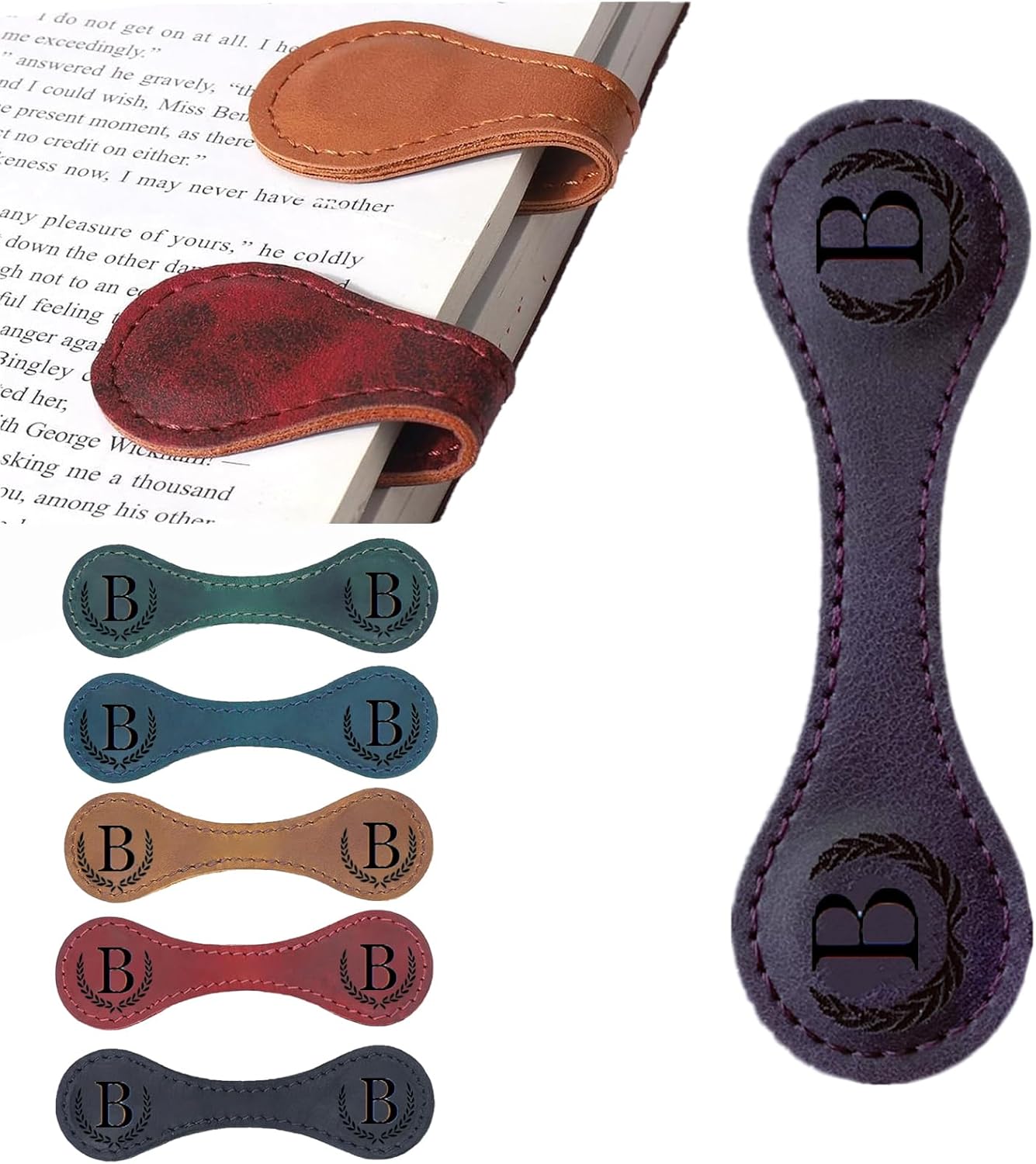 Personalized Magnetic Leather Bookmark, 26 Letters Custom Leather Bookmarks, Handmade, Leather Magnetic Bookmark for Book Lovers Readers Women Kid(Purple，B）