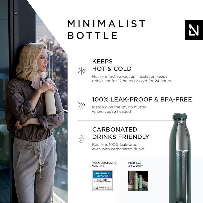 LARS NYSØM Stainless Steel Insulated Water Bottle 12oz 17oz 25oz 34oz 51oz | BPA-free Insulated Thermo Flask for Hot and Cold Beverages | Leakproof Drinking Bottle (Bayberry, 25oz)