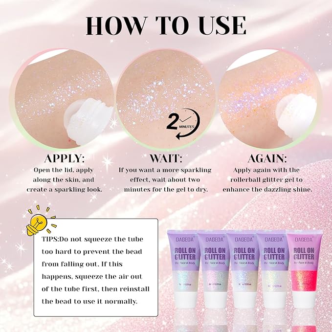 DAGEDA Roll-on Body Glitter,Holographic Eye Face Hair Glitter Gel for Festival Outfit Mermaid Accessories,Chameleon Color Body Shimmer Makeup Rave Outfits Accessories for Women 50ml(Fantasy)