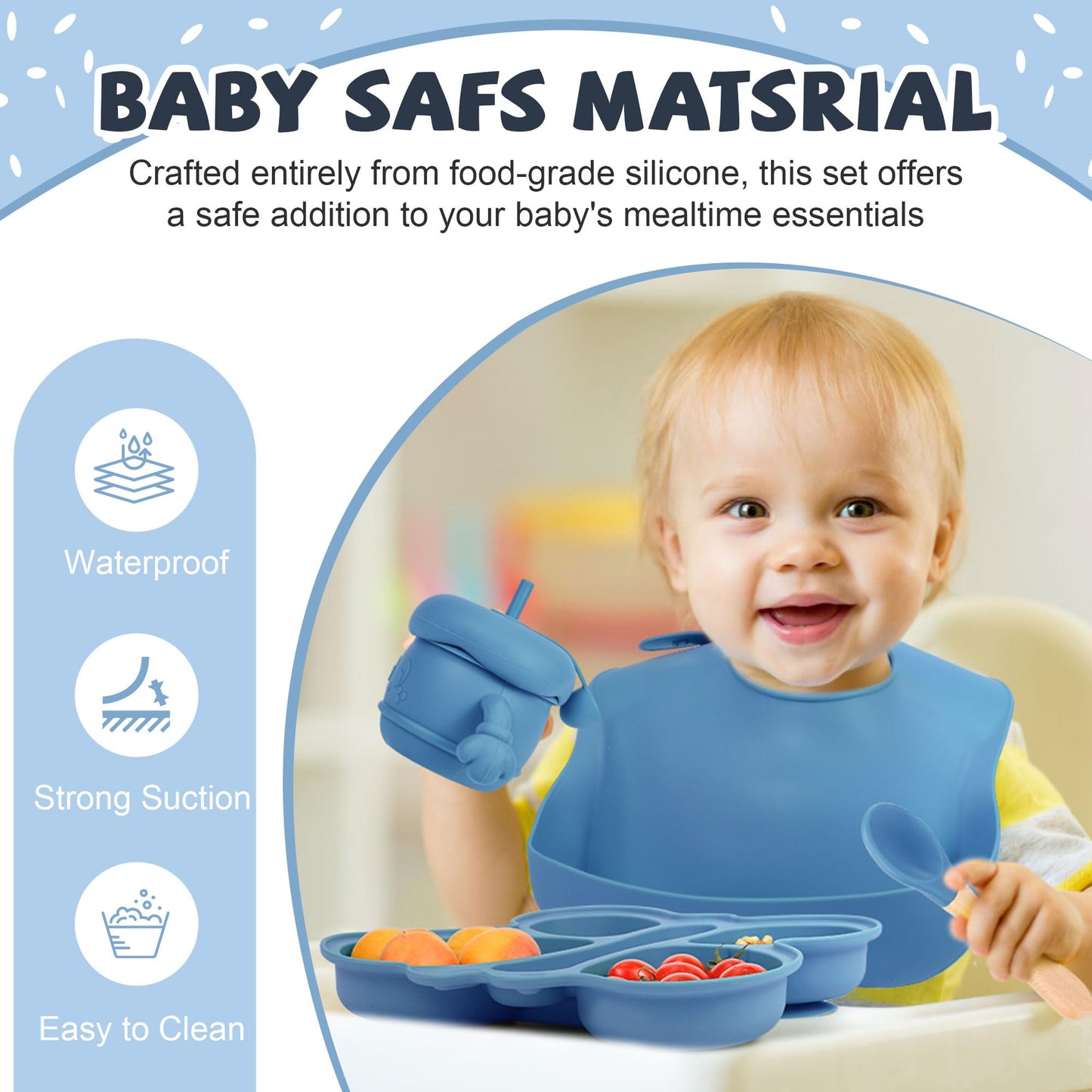 Silicone Baby Feeding Set, Baby Led Weaning Supplies, Silicone Suction Butterfly Plate, Bowl, Spoons, Fork and Waterproof Bib & Cloth Bib, Eating Utensils Baby Feeding Essentials (Blue)