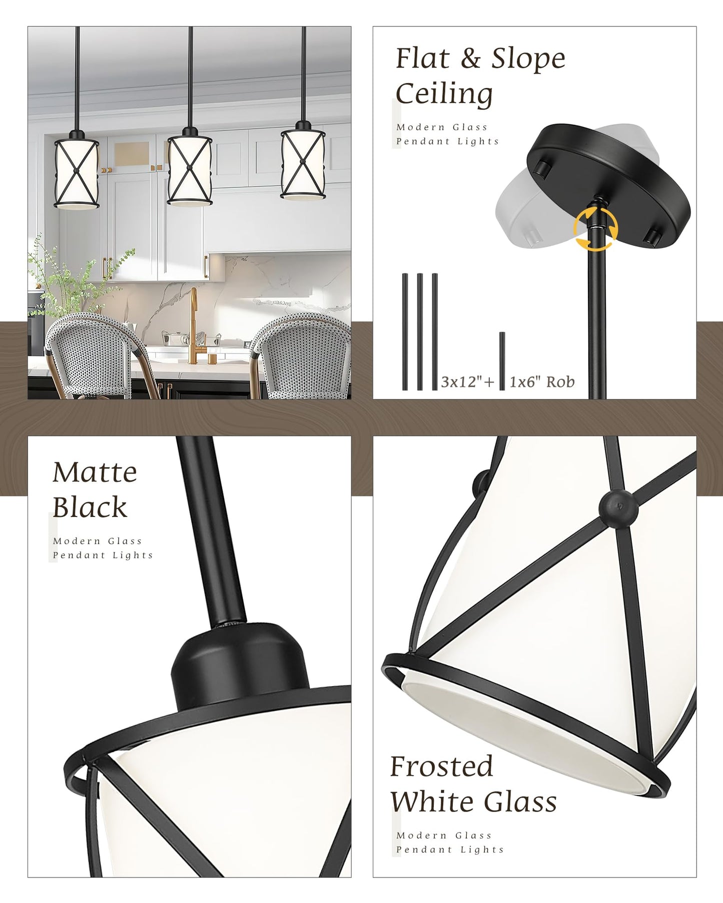 Osimir Pendant Lights Kitchen Island 3 Pack  Black Kitchen Pendant Lighting Over Island With Milk Glass And Rods  Modern Mini Hanging Light For Sink Dining Room  Ch9176Bkw-3Pk