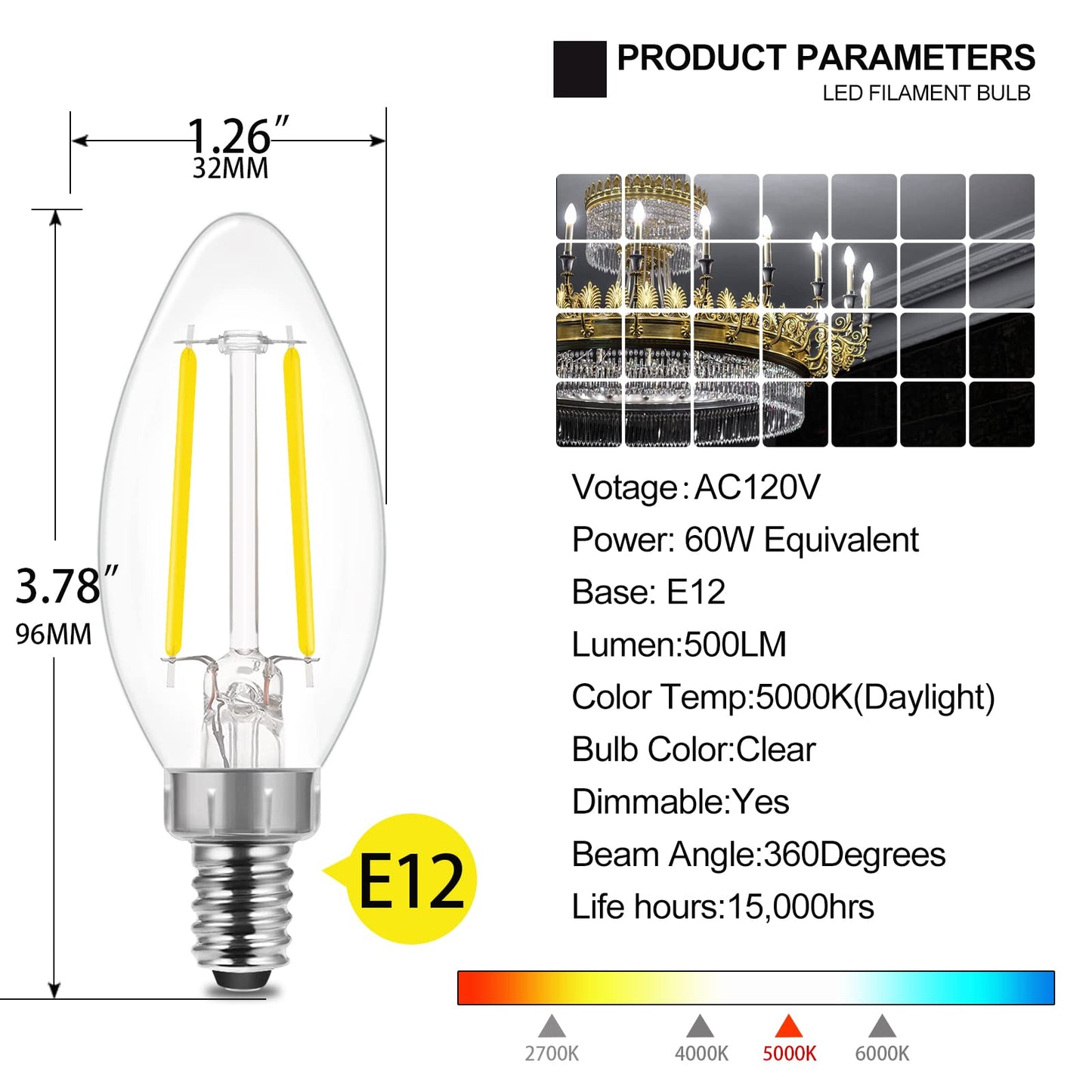 Energetic Lighting Led Candelabra Bulbs, 5000K Daylight, E12 Base, Dimmable, 60W Equivalent, 8 Pack, White