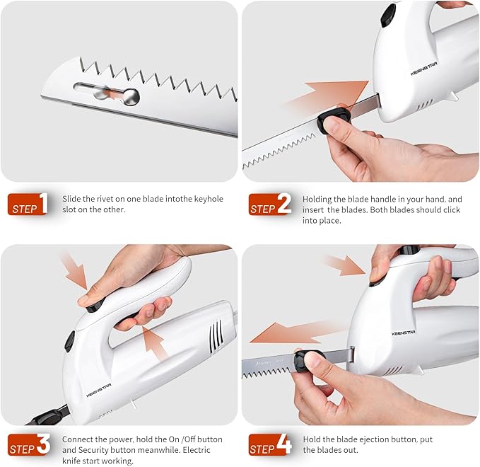 KEENSTAR Electric Knife for Carving Meat, Turkey, Bread, 150W Electric Knife Set with 2 Serrated Stainless Steel Blades & Serving Fork for Slicing Poultry, Ham & More, Ergonomic Handle & Safety Lock