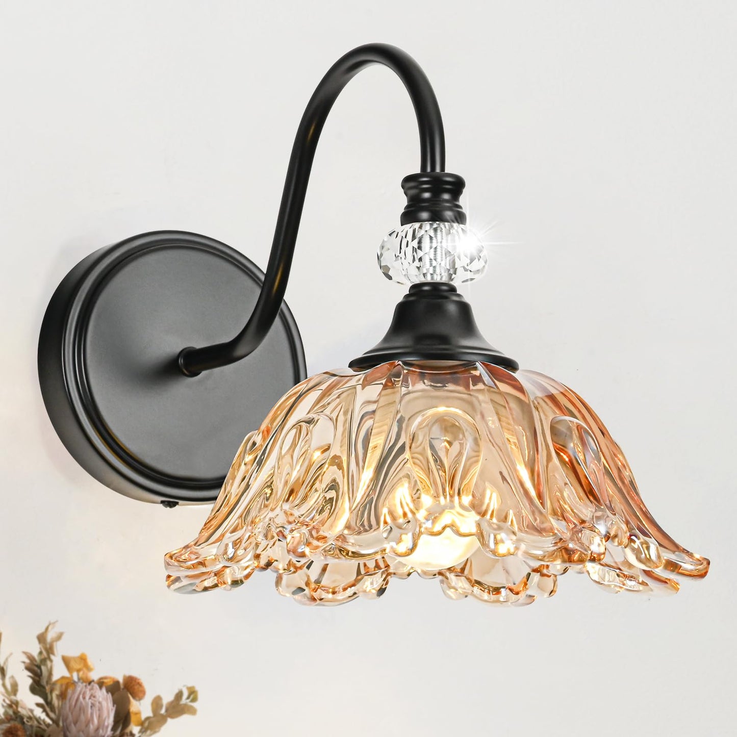 Sunkryster Black Wall Sconces With Floral Amber Glass Shades  Black Farmhouse Wall Mount Lighting For Bathroom Vintage Bathroom Vanity Light Fixtures