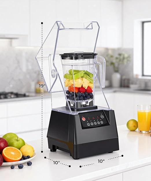 SYBO HSS-210E Commercial Professional Blender With Quiet Shield, Heavy-Duty 1400W High-Speed, 48oz BPA-Free Jar, Easy Cleaning & Dishwasher-Safe, for Juice, Ice Shakes, Smoothies, Metallic