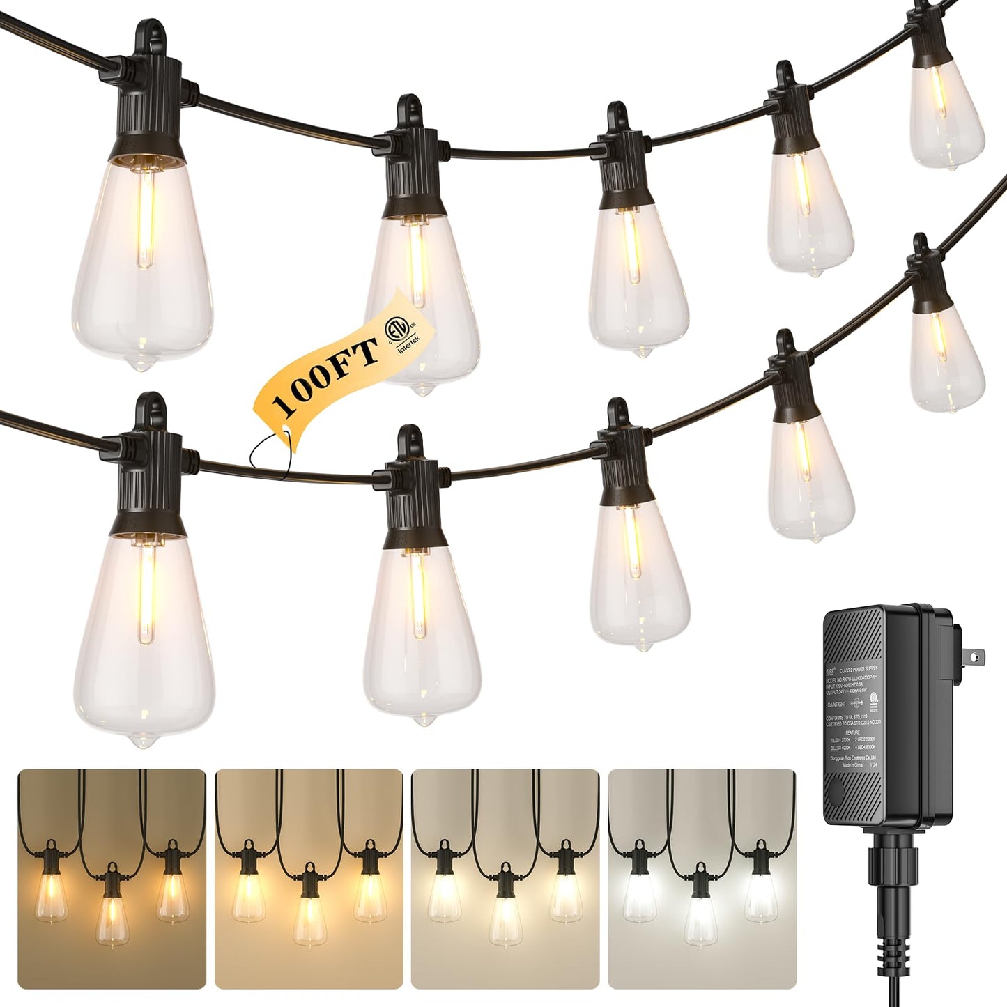 Kawaya Outdoor String Lights - 100FT Tunable White IP64 Waterproof Hanging Lights, Black, Model YAST38-100FT-50US