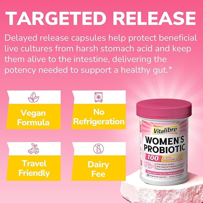 Women's Probiotics 100 Billion CFU, 15 Strains, w/Prebiotic, Cranberry, Vitamin B6 & VC, Gut, Vaginal & Mood Health, Shelf Stable, 60 Vegan Caps