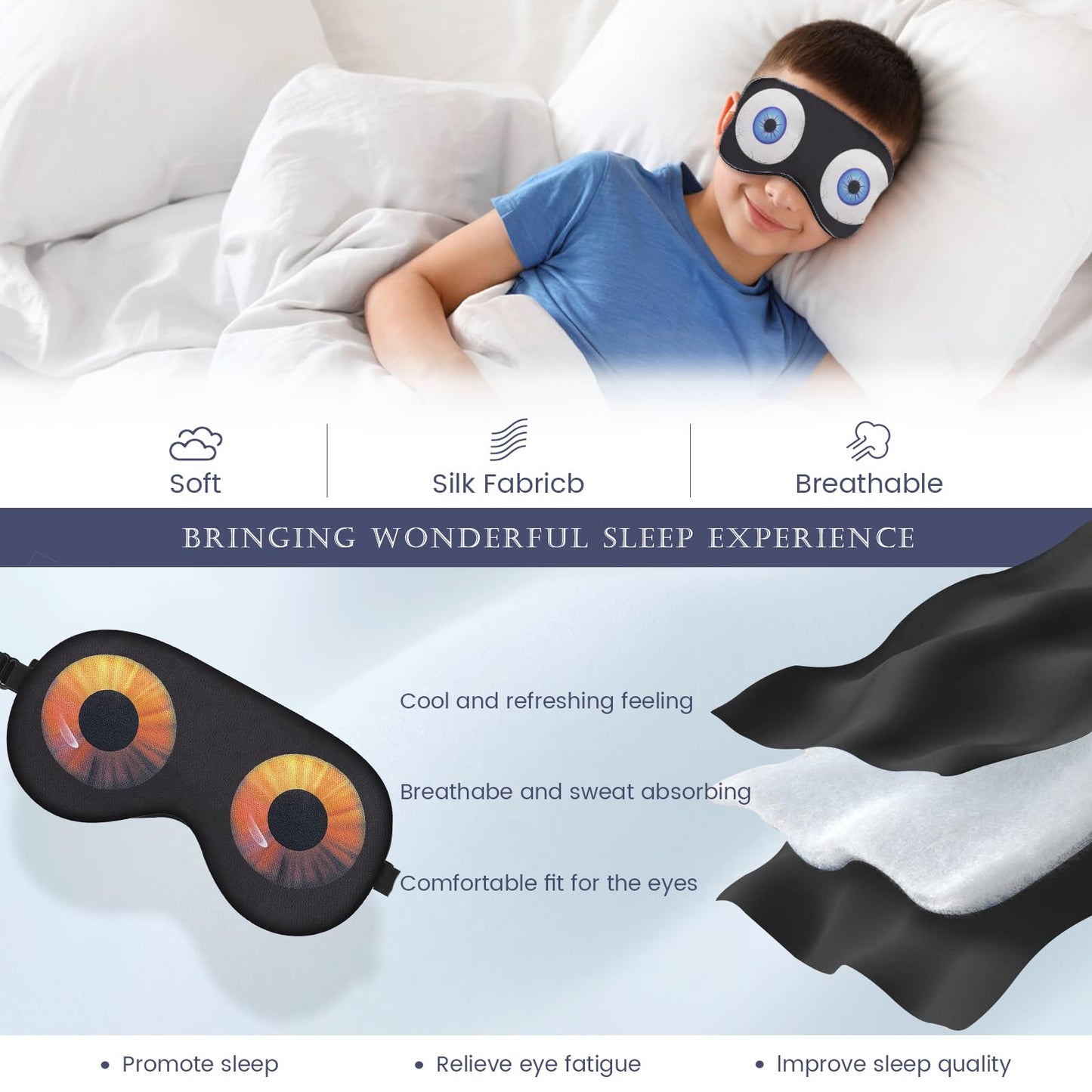 2 Pcs Sleep Mask for Kids Boys, Silk Eye Covers for Sleeping, Adjustable Strap & Light Blocking Design, Adult Children's Bedtime Blindfold for Travel and Home Use (Funny Eye)