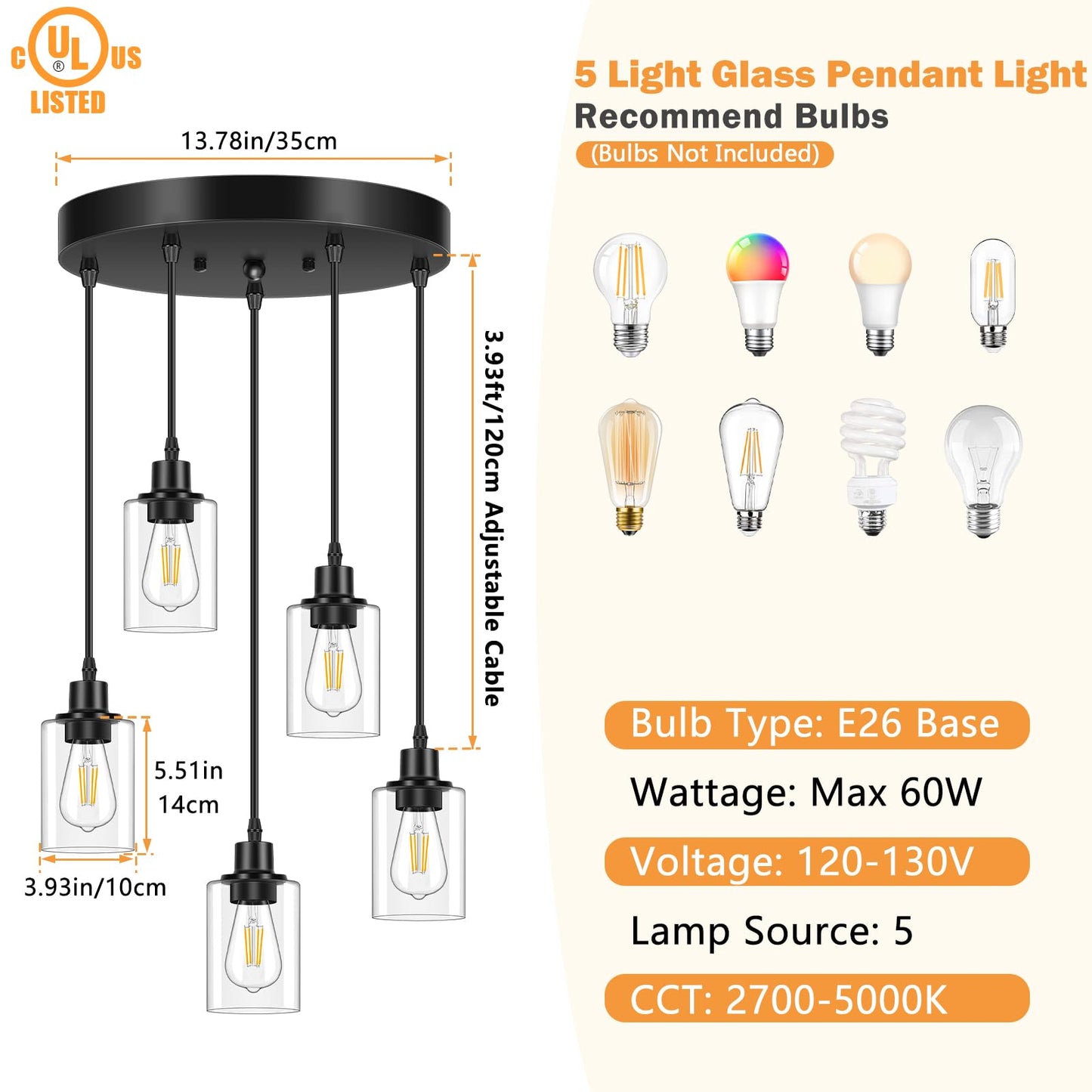 Licperron 5-Light Pendant Light Fixtures With Clear Glass Shades  Black Adjustable Kitchen Island Hanging Ceiling Light Fixtures  Modern Pendant Lighting E26 Base For Dining Room  Hallway  Living Room