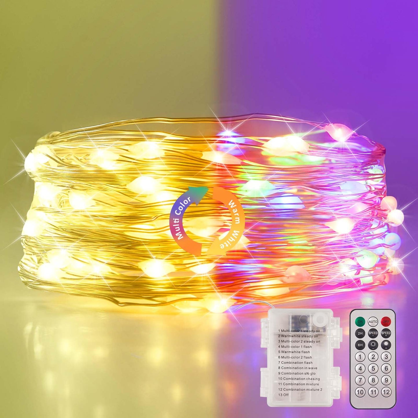 Ariceleo 50 Led Battery Operated String Lights, 5M Warm White & Multi-Color, Remote Control, Waterproof Silver Wire Fairy Lights