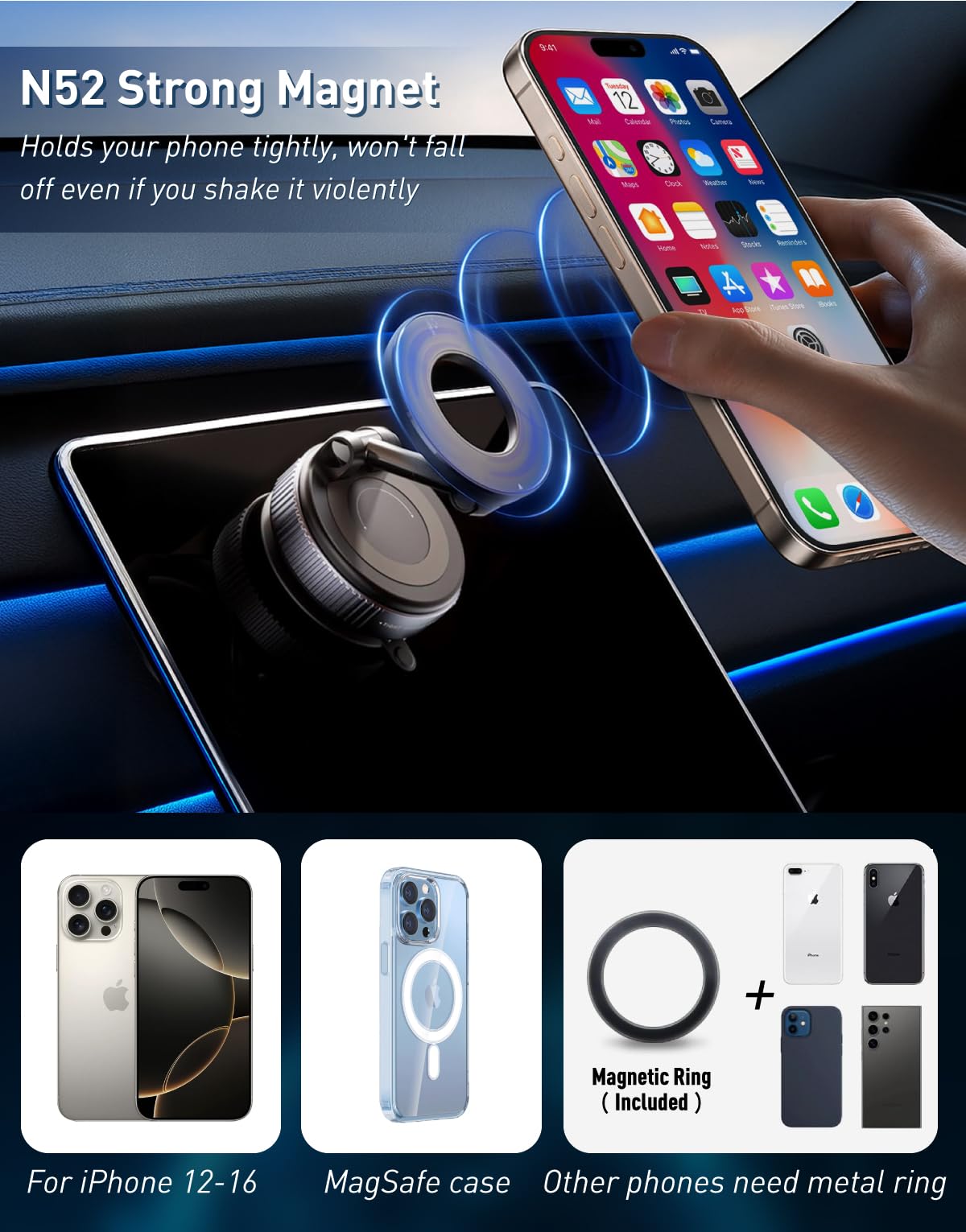 E Eakson Cell Phone Holders For Your Car/Gym/Mirror Mount For Iphone & Android Upgraded Vacuum Magnetic Car Phone Holder 360 Rei
