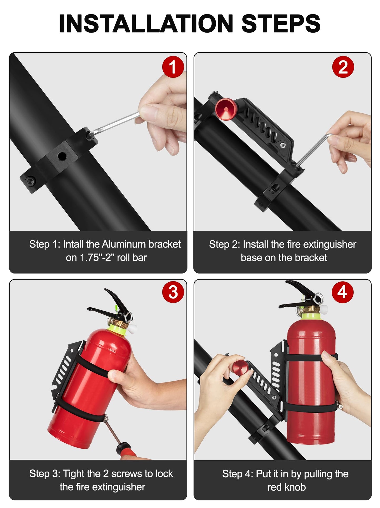 Quick Release UTV Fire Extinguisher Mount Kits, Adjustable Roll Bar Fire Extinguisher Holder Bracket Easy Install on 1.75"-2" Roll Cage, Compatible with Polaris RZR/Can Am X3/Jeep Wrangler