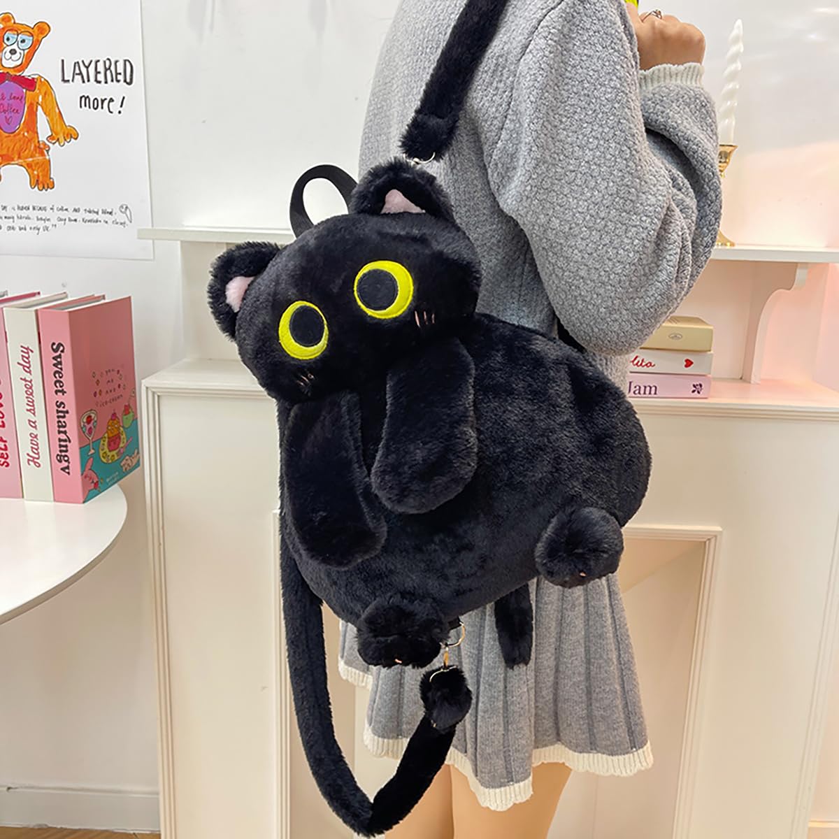 IYOOCSS Girls Black Cat Plush Backpack – Stuffed Animal Cat Bag with Adjustable Straps, Perfect for Birthday Travel & Gifts (Black Cat)