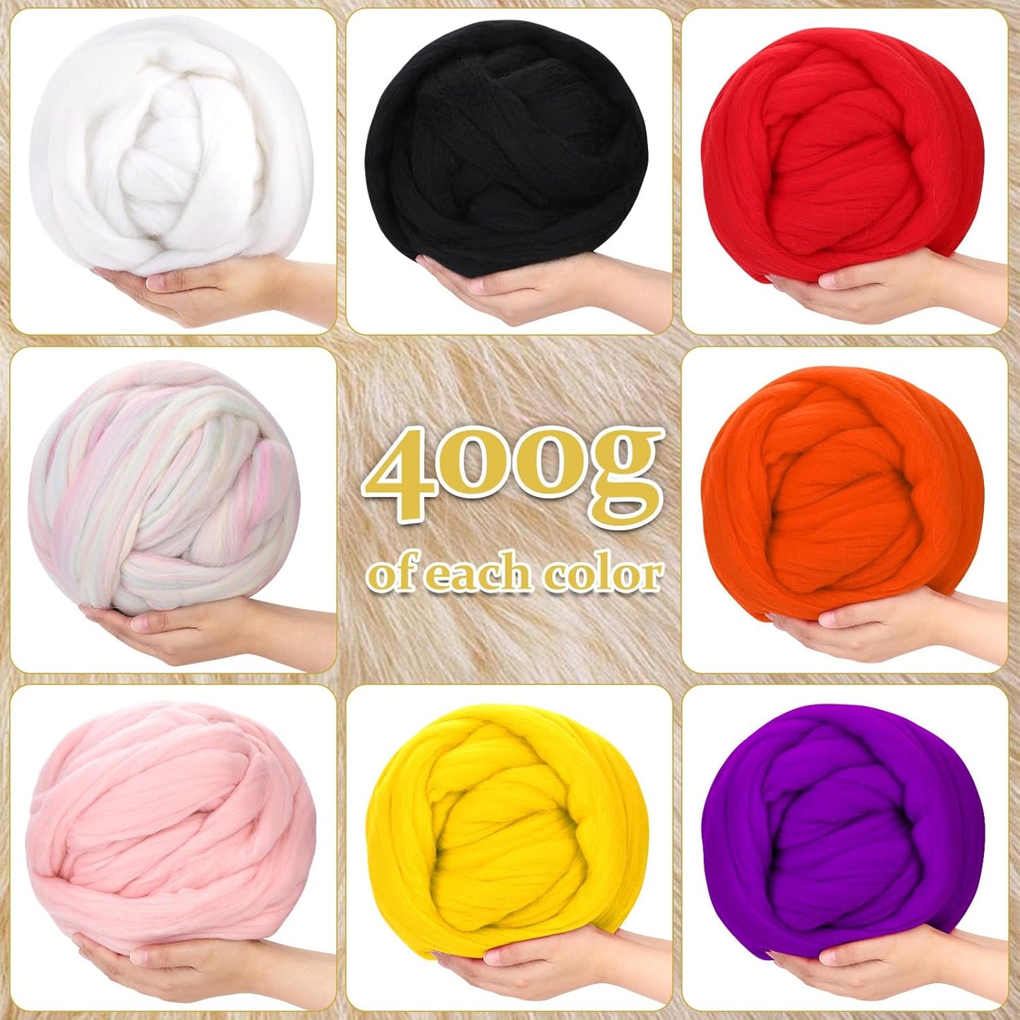 QMNNMA 14.1oz Wool Roving Yarn, Fiber Roving Wool Top, Chunky Yarn, Handmade Carded Core Wool for Felting, Wet Felting DIY Hand Spinning