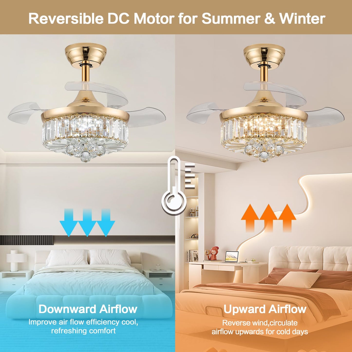 Zynfandor 30 Retractable Crystal Ceiling Fan With Light, Rgb Modern Fandelier 6 Speeds Reversible Blades Dimmable Chandelier Cei