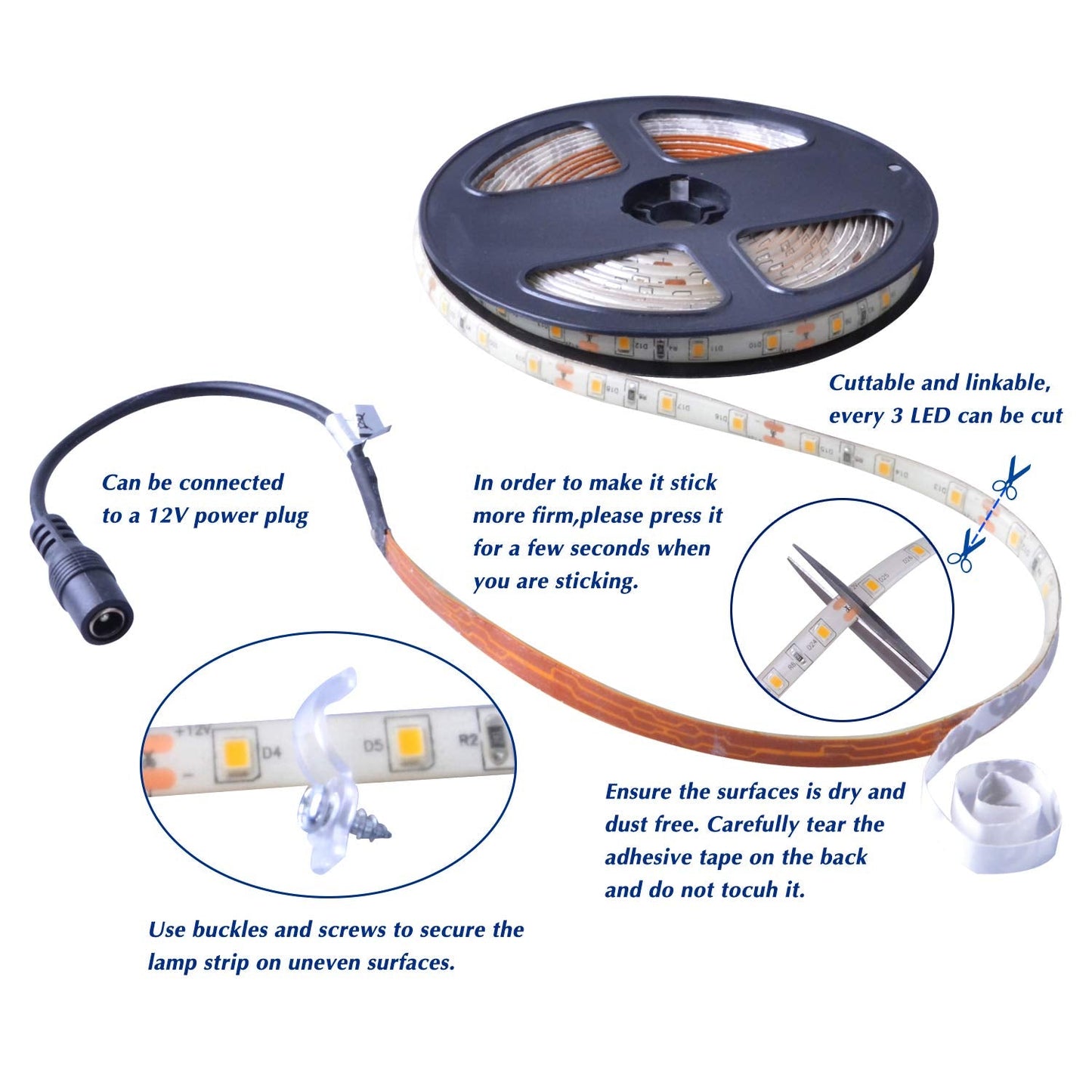 GUOTONG Warm White LED Strip Lights, 12V Waterproof 16.4ft Flexible Tape Light, 300 SMD 2835 for Indoor/Outdoor Use