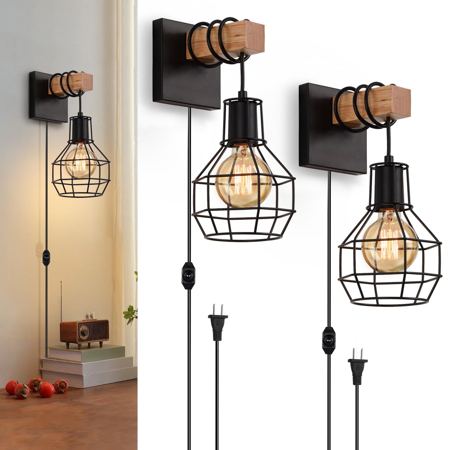 Lightess Plug-In Wall Sconces Set of 2, Dimmable, Metal, Black, Industrial Design, Model LG9951511