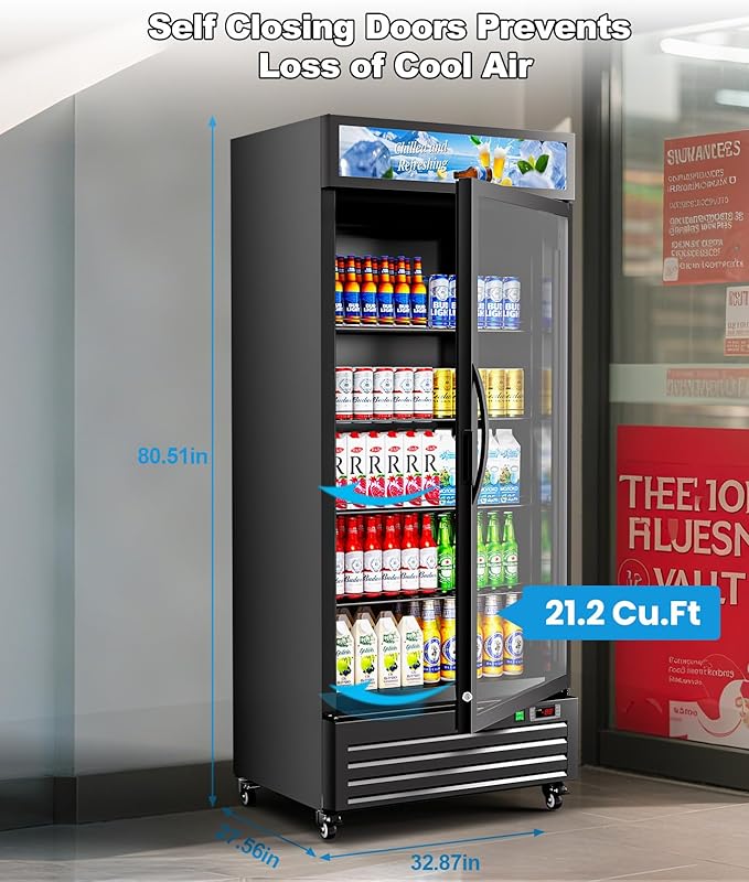 Tylza Commercial Refrigerator with Glass Door Display Beverage Fridge, 21.2 Cu Ft Upright Beverage Cooler Merchandiser with Rebound Door, Fast Cooling, Low Noise, Black
