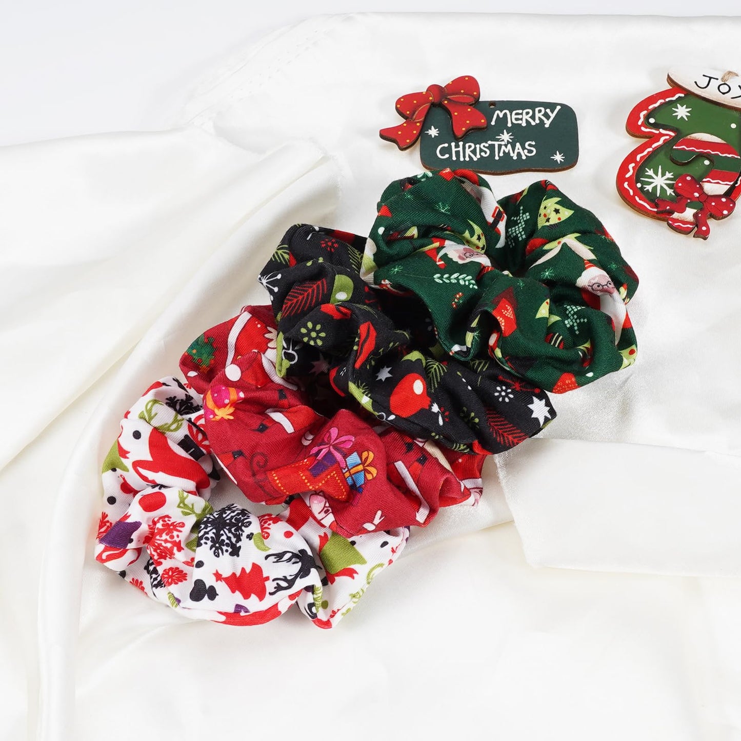 Jocbean Christmas Hair Scrunchies with Santa Claus Snowman Elk Christmas Tree Snowflake Elastic Hair Ties