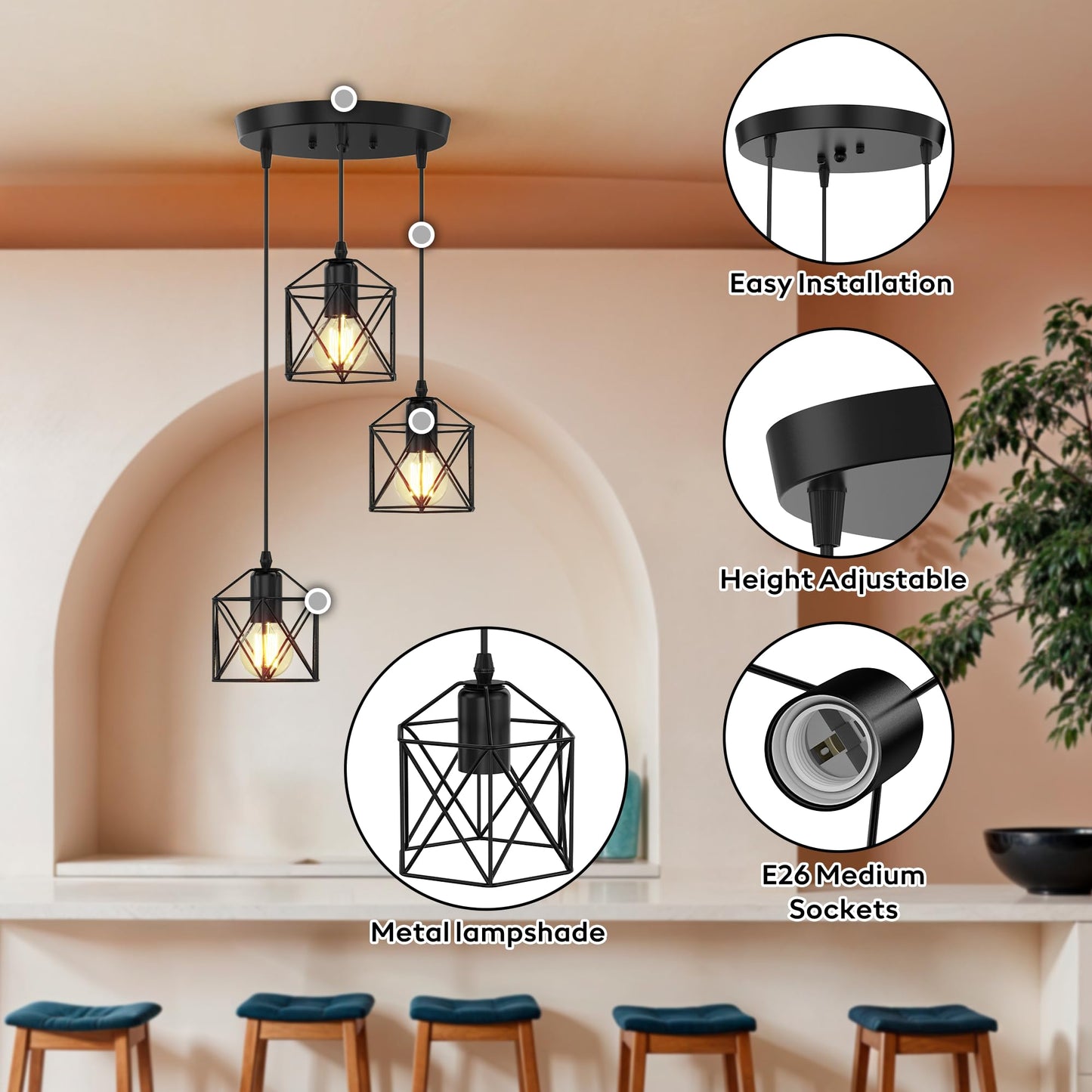 Phaosio 3-Light Pendant Lighting  Farmhouse Hanging Light Fixture For Kitchen Island & Dining Room  Industrial Vintage Ceiling Lamp With E26 Base  Adjustable Height  Matte Black
