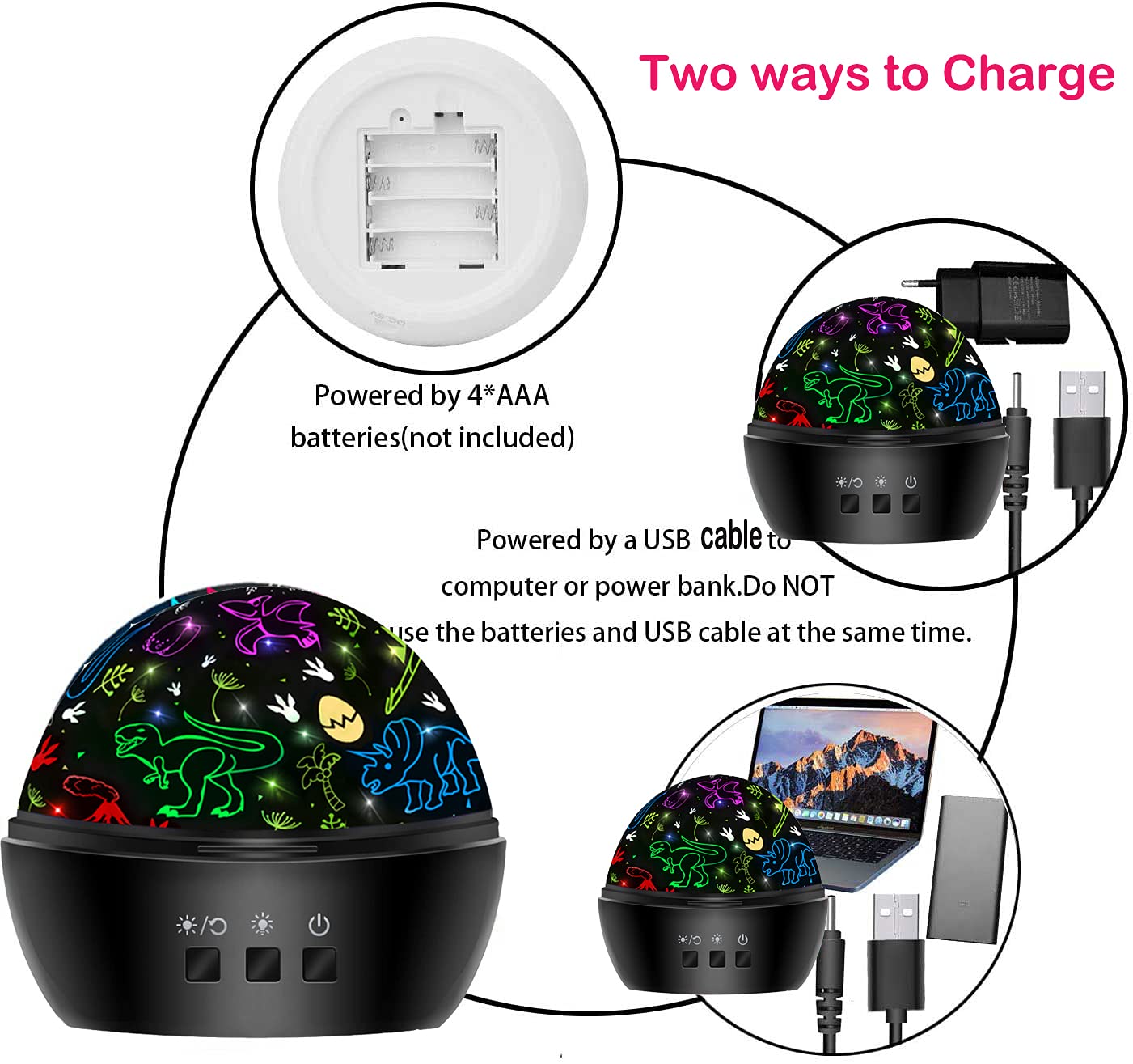 MINGKIDS Night Light Projector Lamp, 2 in 1 Dino & Vehicles Theme, Black, Model 012-1652, for Kids 3-8 Years, Room Decor