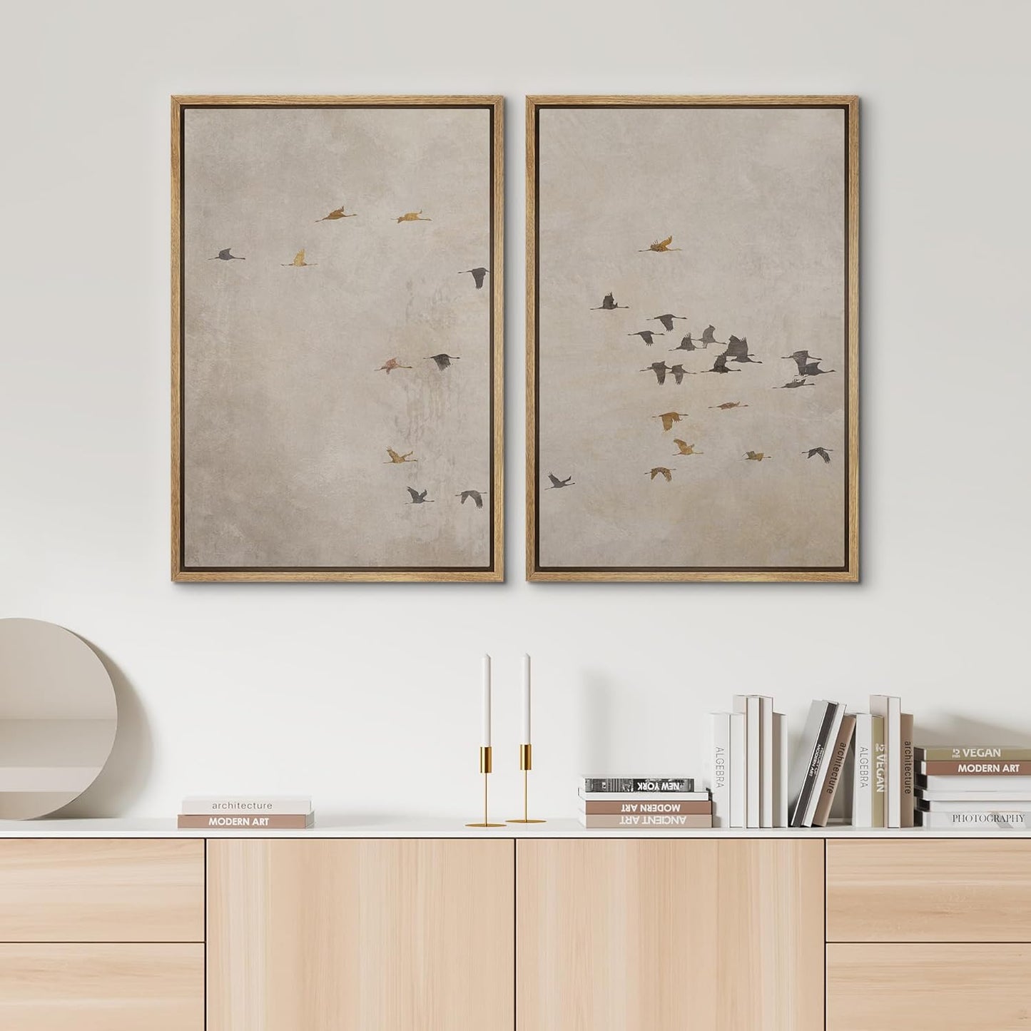 SIGNWIN Framed Canvas Print Wall Art Set Flying Birds Silhouette Minimalist Beige Illustrations Modern Minimal Decorative for Living Room, Bedroom, Office - 16"x24"x2 Natural