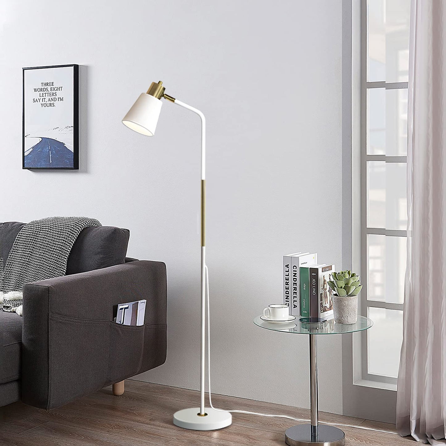 LALISU Industrial Floor Lamp - Adjustable Metal Heads, Rustic Farmhouse Style, White, Task Lighting for Living Room & Bedroom