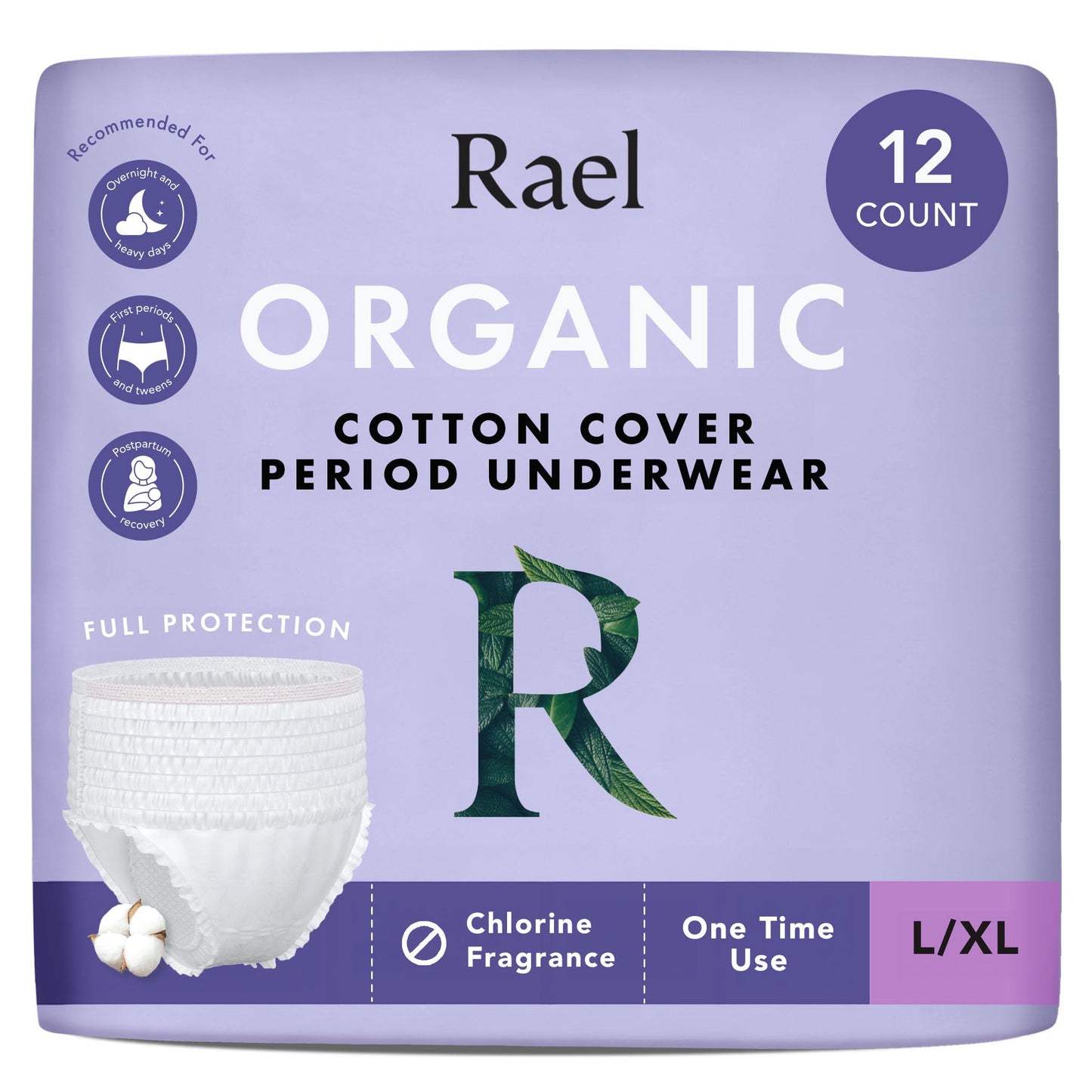 Rael Disposable Underwear for Women, Organic Cotton Cover - Postpartum Essentials, Leak Locker, Unscented, Maximum Coverage (Size L-XL, 12 Count)