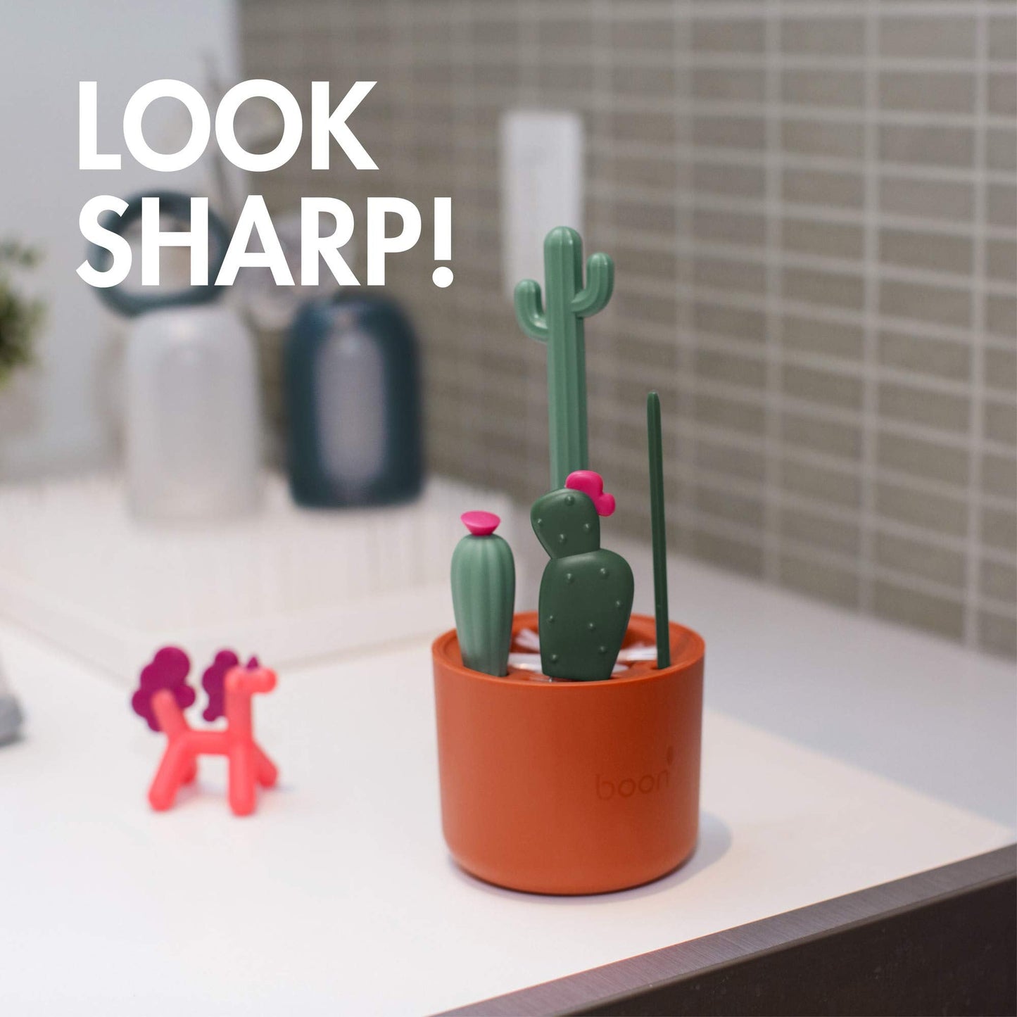 Boon Desert Countertop Baby Bottle Drying Rack & Cacti Cleaning Brush Set - Includes Bottle, Nipple, Detail, and Straw Brushes