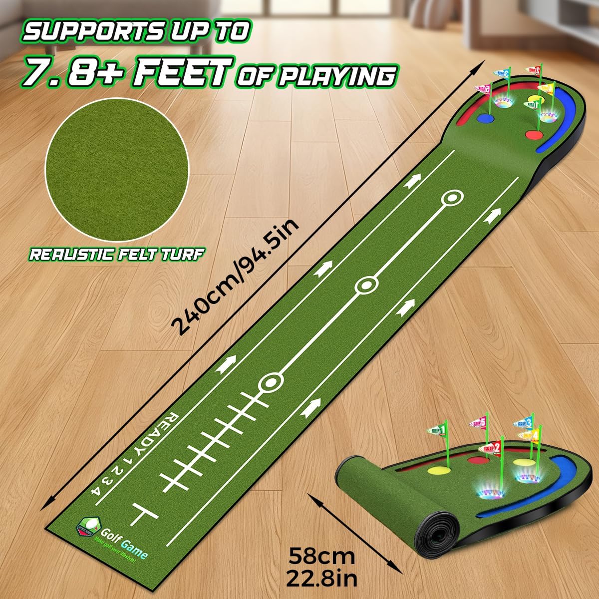 Upgraded Golf Putting Mat for Kids, 7.8 Ft Putting Green with LED Light up Holes, Glowing Balls, 2 Clubs, Toy Golf Game Set, Golfing Mats Indoor Outdoor, Sport Golf Gift for Kids Teens Family