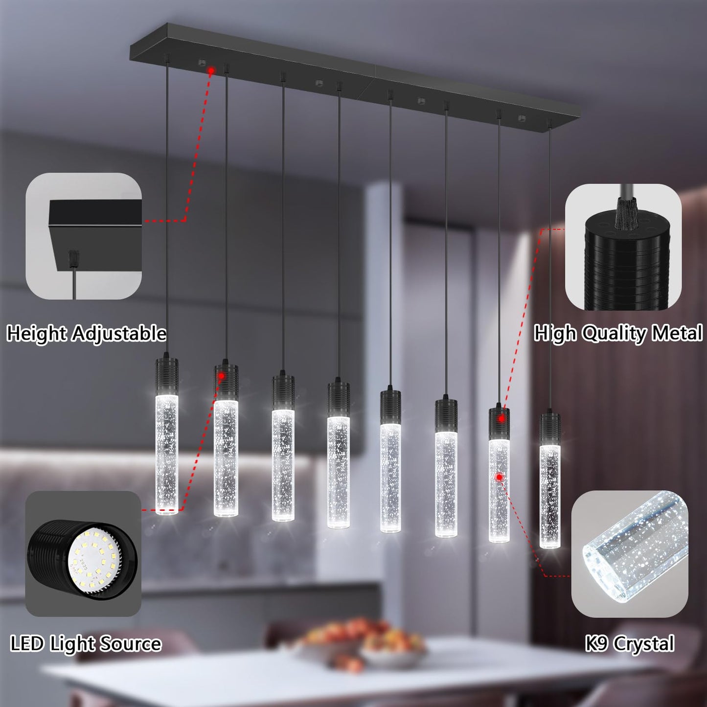 Dolria 8-Lights Modern Crystal Chandeliers For Kitchen Island Pendants Lighting Fixture For Dining Room Led Ceiling Light For Hallway Foyer 6000K Black
