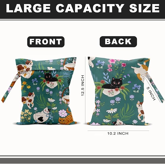 Cat Lover Gifts, 2Pcs Mushroom Cat Print Wet Bags, Wet Dry Bag Reusable Zipper Pouch for Swimsuit, Diapers, Beach, Dirty Yoga Gym Clothes, Toiletries, Waterproof Birthday Christmas Gifts