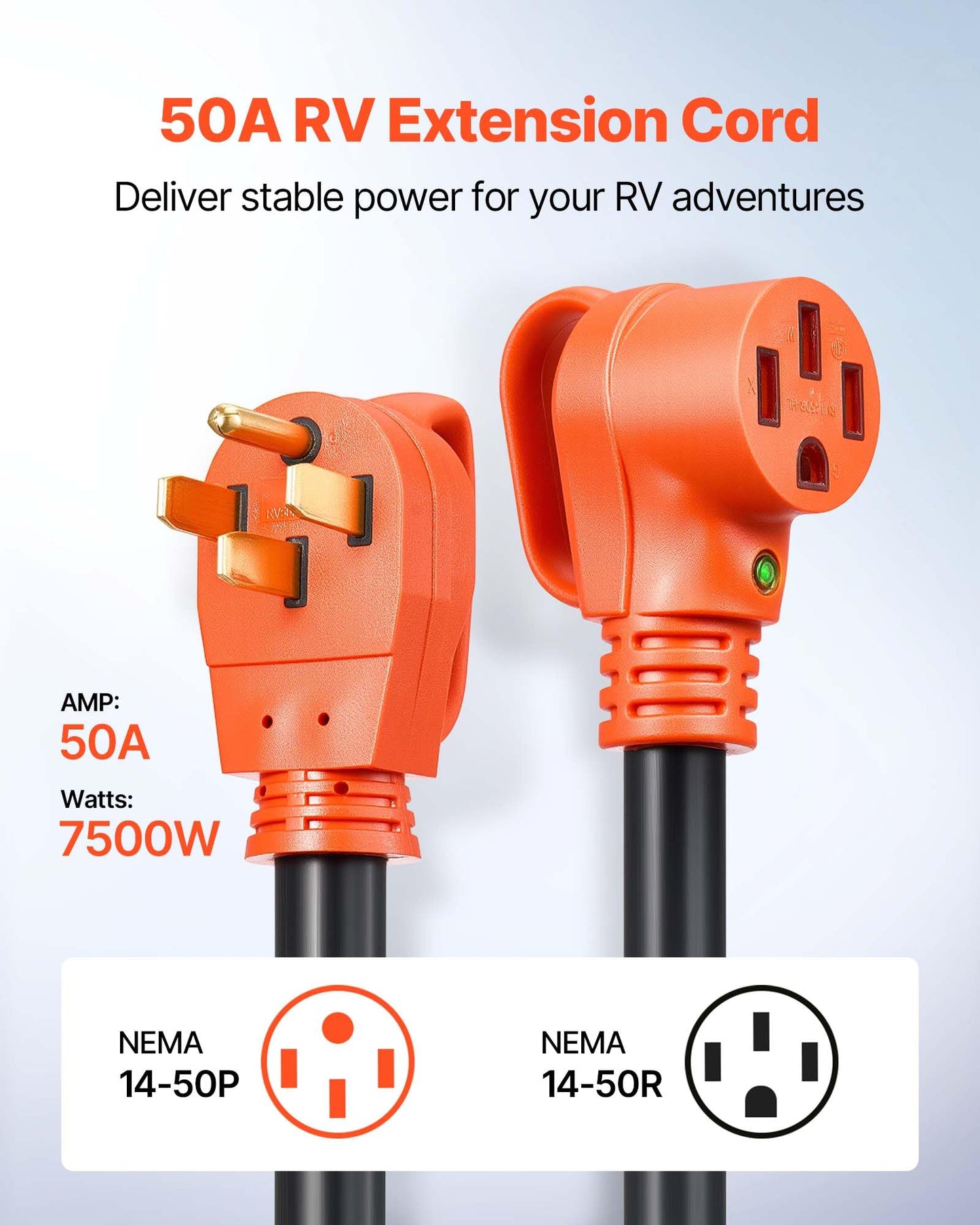 Vevor 100 Ft Rv Extension Cord, 50 Amp, 125V 7500W Heavy Duty Stw 6/3 + 8/1 Gauge Wire, Nema 14-50P Male Nema 14-50R Female Plug