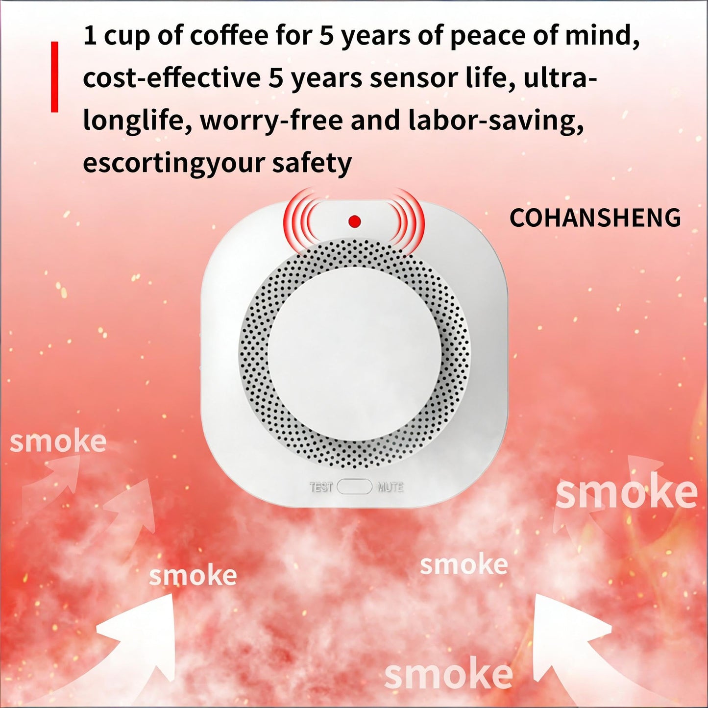 COHANSHAN Smoke Alarm，Smoke Detector，fire Alarms Smoke detectors，AA Batteries for 5-Year Life，complies with UL Certification，360° Intelligent Detection，Battery-Powered Smoke Alarm，Wiring-Free，3-Pack