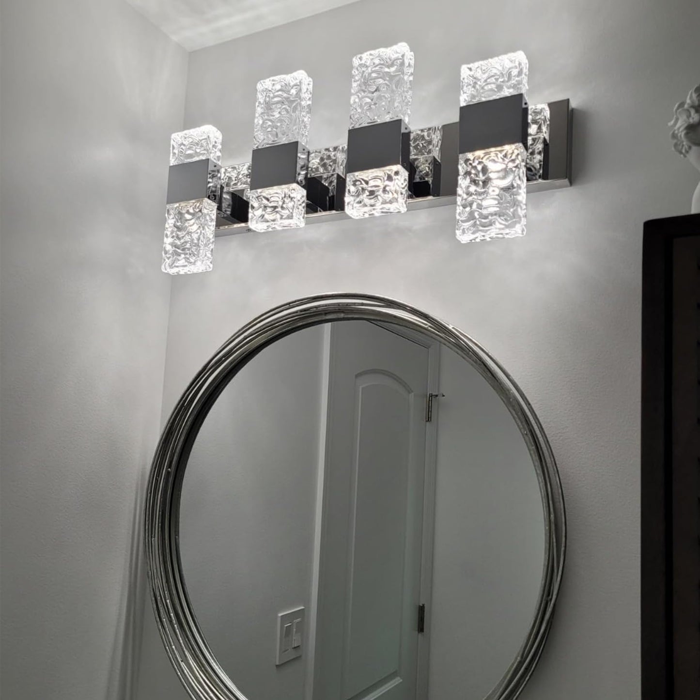 OYLYW LED Bathroom Vanity Light Fixture, Chrome Stainless Steel, 4 Lights, Model JQ1428-4TS, 28 Inch, Cool White 5800K