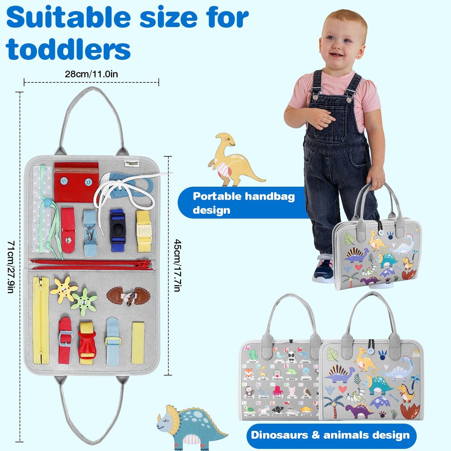 JHkim Busy Board Montessori Toys for 1 2 3 4 Year Old Boy & Girl Birthday Gifts, Autism Sensory Travel Toy for Toddlers 1-3, Educational Activity Sensory Board Learning Fine Motor Skills Toys, Gray