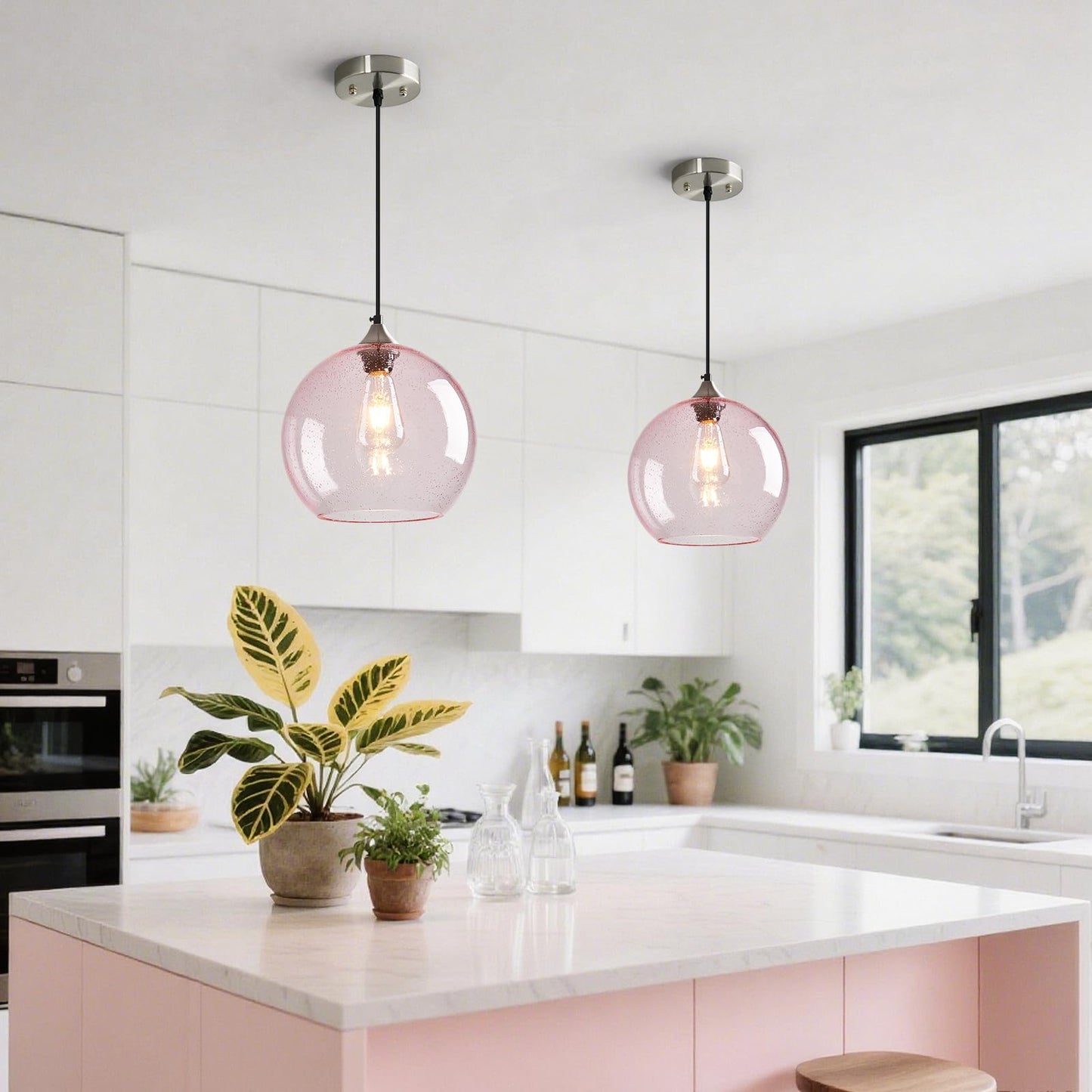 Lbsqj Pink Glass Pendant Lights Kitchen Island Globe Pendant Light Fixtures Modern Pendant Lighting For Bedroom Living Dining Room Light Fixture (9.84 In  2 Pack)
