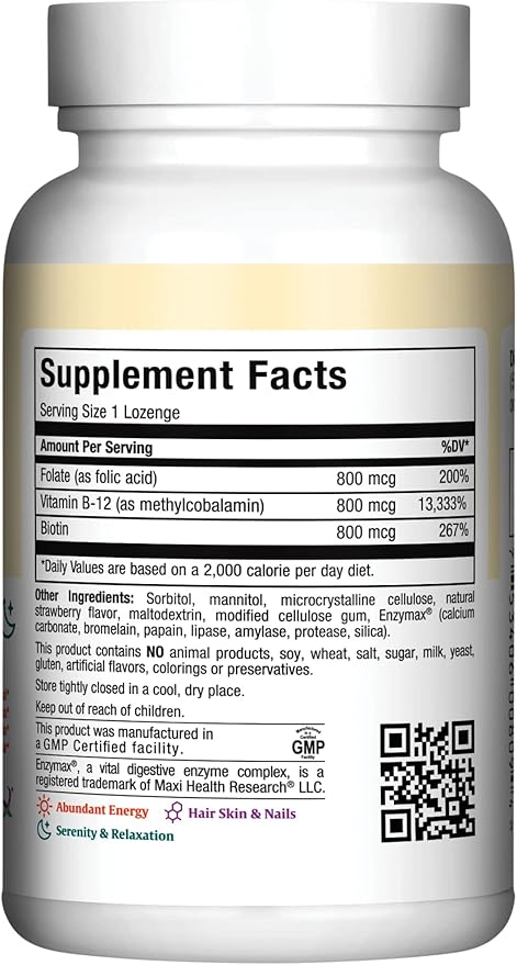 Vitamin B12 Lozenges with Folic Acid and Biotin - Sublingual B 12 Vitamins Strawberry Flavor - Vegetarian Kosher B 12 Vitamin - VIT B12 Supplement for Red Blood Cell Production and Energy (90 Count)