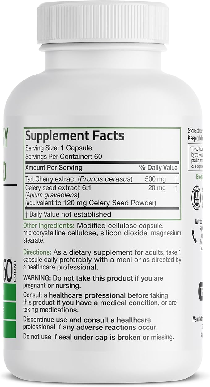 Bronson Tart Cherry Extract + Celery Seed Capsules - Powerful Uric Acid Cleanse, Joint Mobility Support & Muscle Recovery Supplement - Non-GMO Formula - 60 Vegetarian Capsules