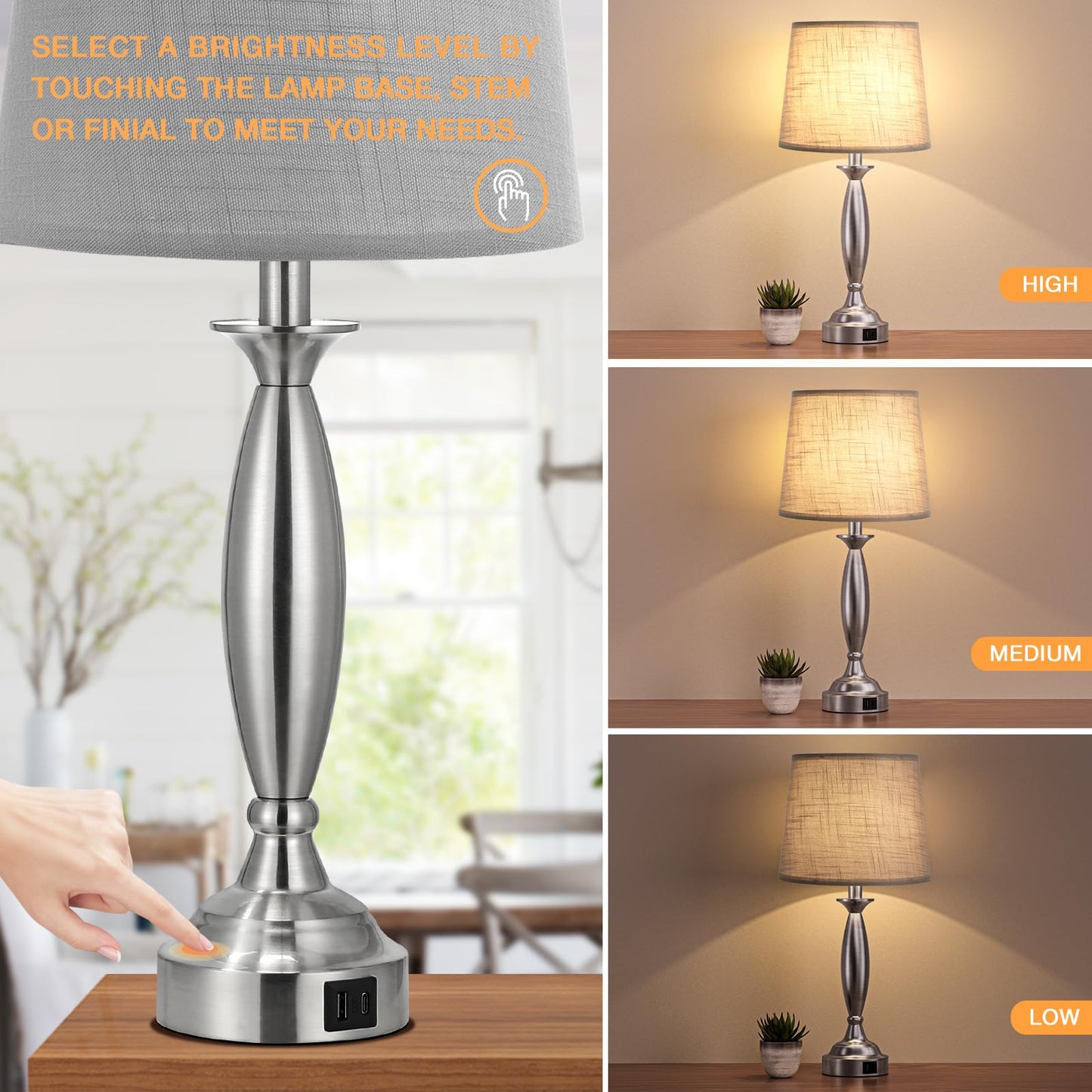 Seealle Touch Bedside Lamps Set of 2 - 3 Way Dimmable, USB Port, 22.5in, Metal, Mottled Gray Shade and Nickel Base
