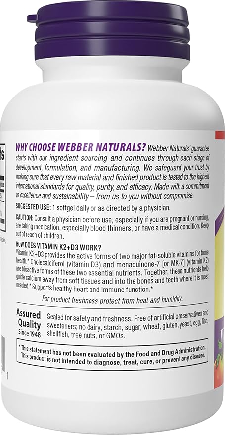 Webber Naturals Vitamin K2 MK-7 (120 mcg) with Vitamin D3 (1,000 IU), 90 Softgels, Supports Bones, Teeth, and Cardiovascular System, Vitamin Supplement, Gluten Free and Non-GMO