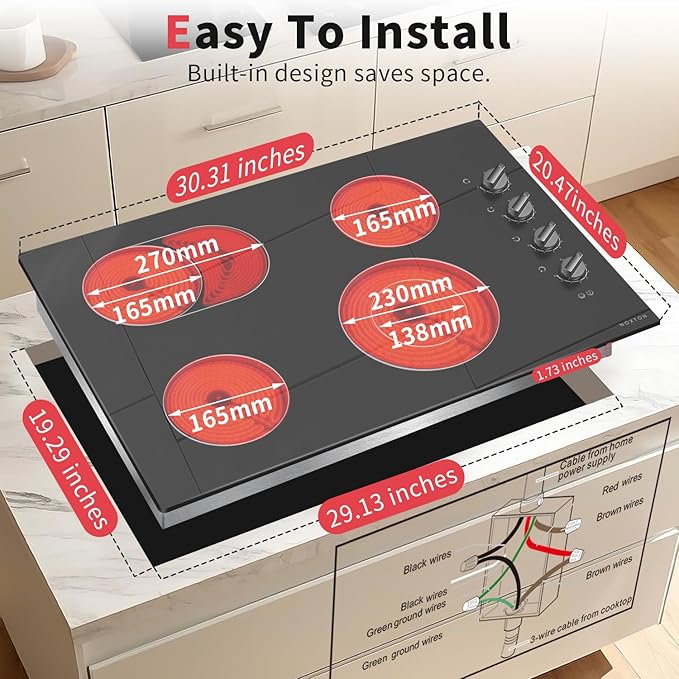 Noxton Electric Cooktop 30 Inch 4 Burners, Knob Control Ceramic Cooktop, 30" Radiant Electric Stove Top with Extended Zone, Hot Surface Indicator, 220-240v Hard Wire(No Plug)