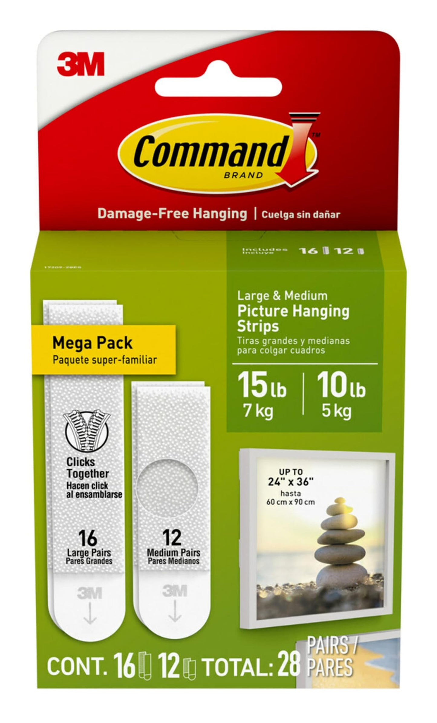 3M Command Damage-Free Hanging Mega Pack 16 L Pairs & 12 M Pairs, Holds 16 lb 7.2 kg & 12lb, 5.4kg