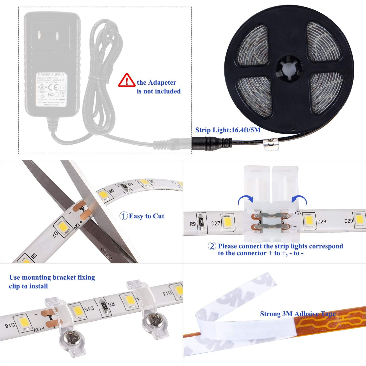 JUNWEN 16.4ft Warm White LED Strip Lights, Waterproof Flexible Indoor/Outdoor Lighting, Cuttable SMD2835, Plug-in